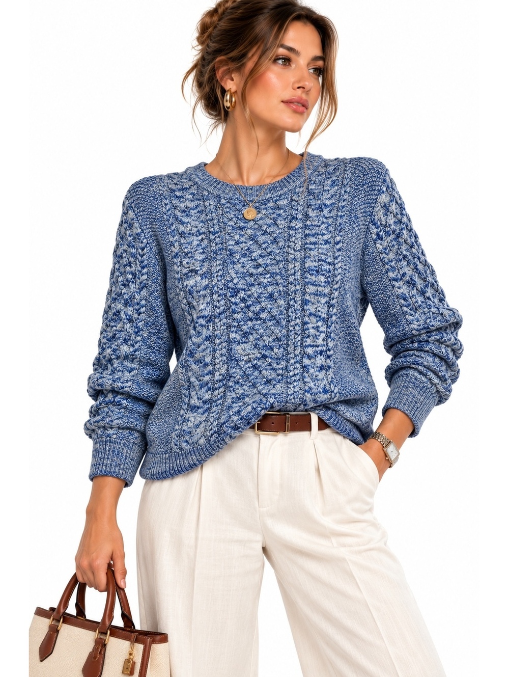GAP Cable Knit Crewneck Sweater Blue Marl 100% Cotton Large Tall L